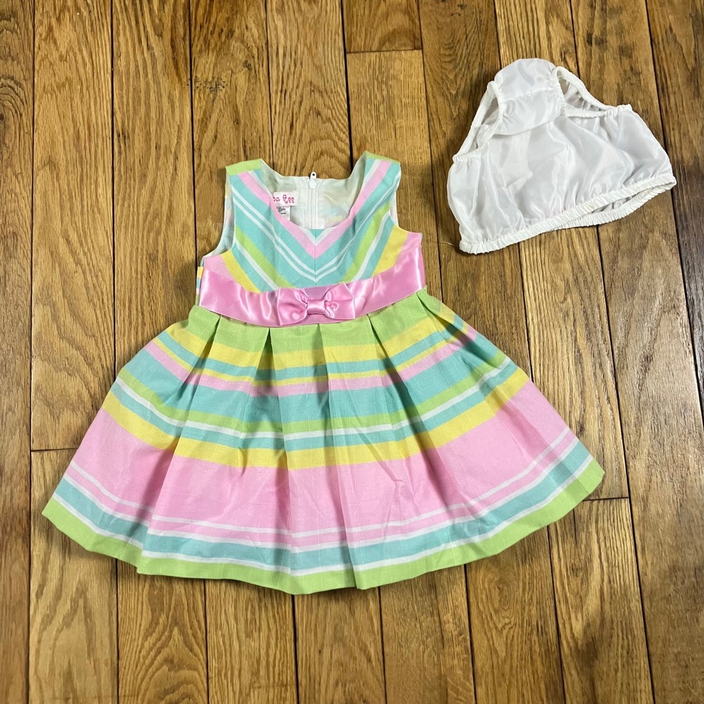 NEW Jessica Ann Baby‎ Girl Dress Set Pastel Striped Bow Easter Spring 12M
